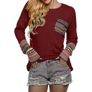 NEW POGTMM Burgundy Aztec Sleeve Pocket Soft Stretch Boho Long Sleeve Top Trendy